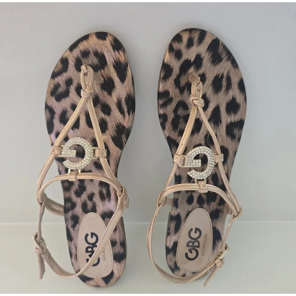 GBG Guess Los Angeles Womens Leopard Print Rhinestone G Logo Sandals Gold 10M